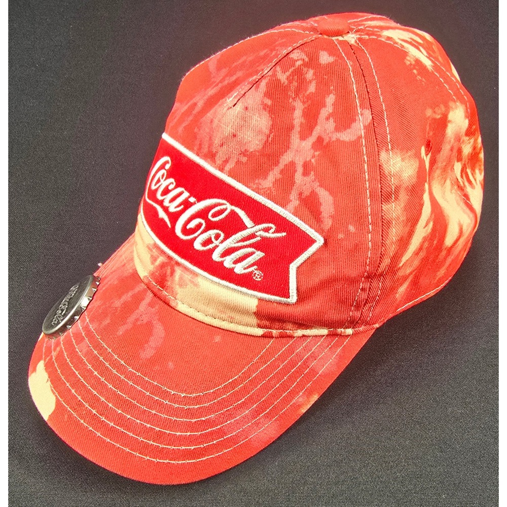 Coca-Cola Red Bleached Tie Dye Snapback Hat with Brim Bottle Opener Mens Cap
